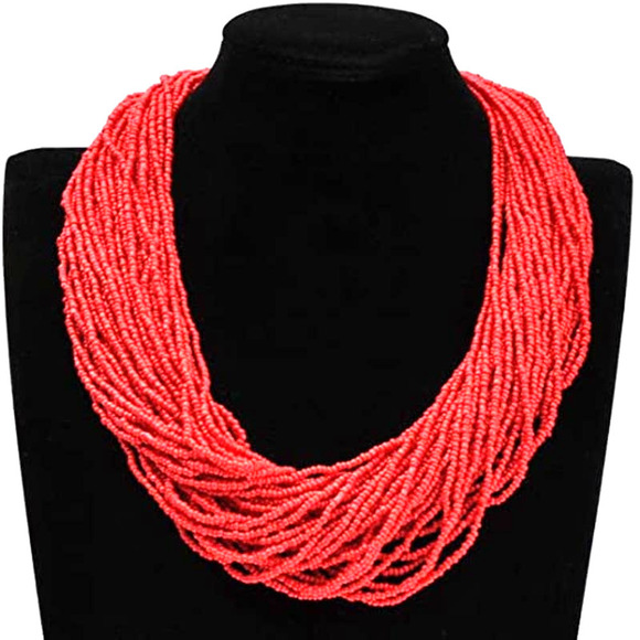 Bright Red Seed Beaded Necklace Boho Chunky Bead Necklace Multi Strand Necklace - Picture 2 of 5